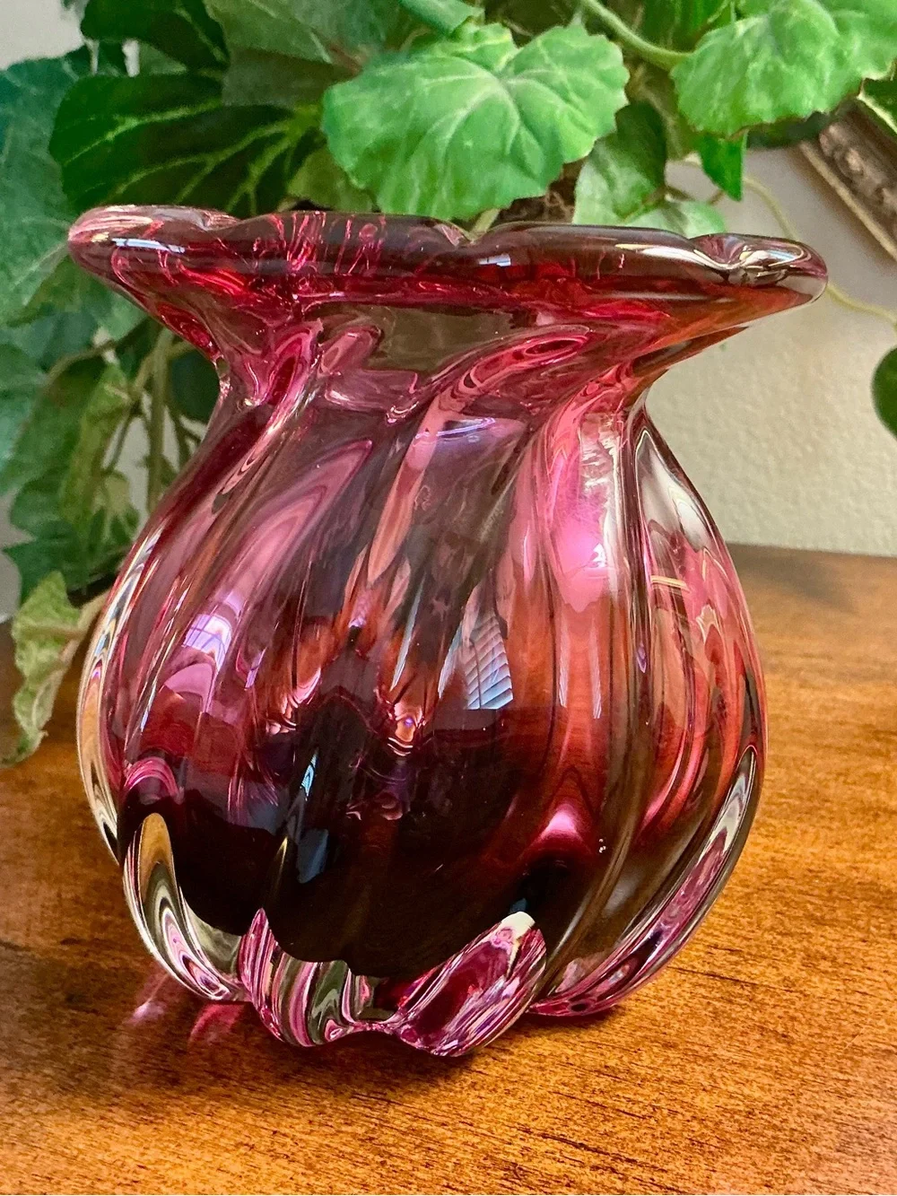 Vintage Cranberry Swirl Art Glass Vase